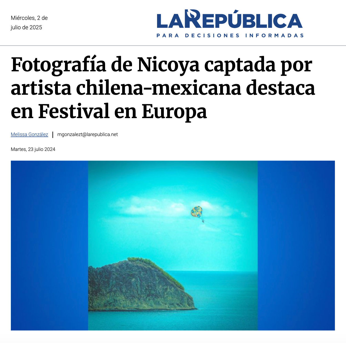 Noticia La Republica.net Fotografía de Nicoya captada por artista chilena-mexicana destaca en Festival en Europa